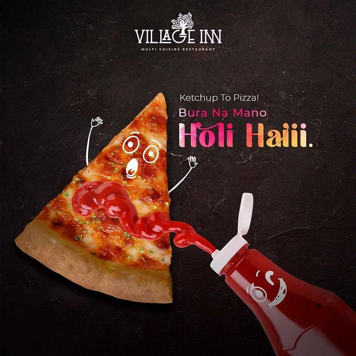 Holi creative ad: Ketchup bottle squirting ketchup onto a surprised pizza slice