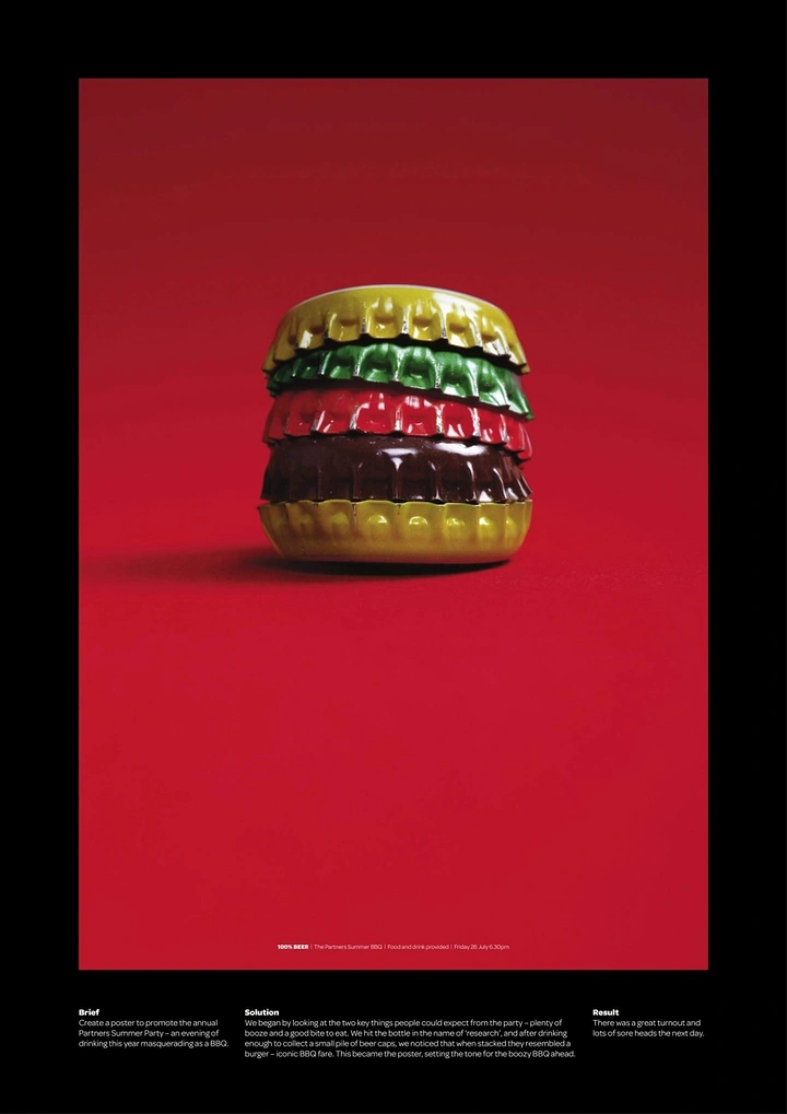 BBQ & Grill Restaurants creative ad: Burger transformed into colorful product sculpture