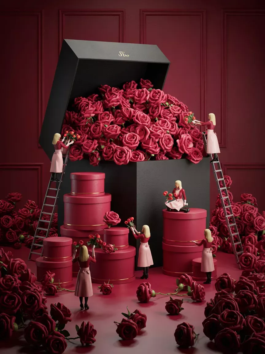 Valentine's Day Instagram post: Giant black gift box overflowing with roses tended by miniature florists