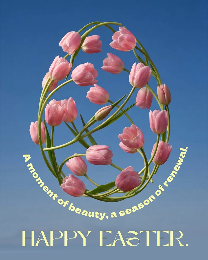 Easter creative ad: Pink tulips arranged into an egg-shaped wreath against a blue sky