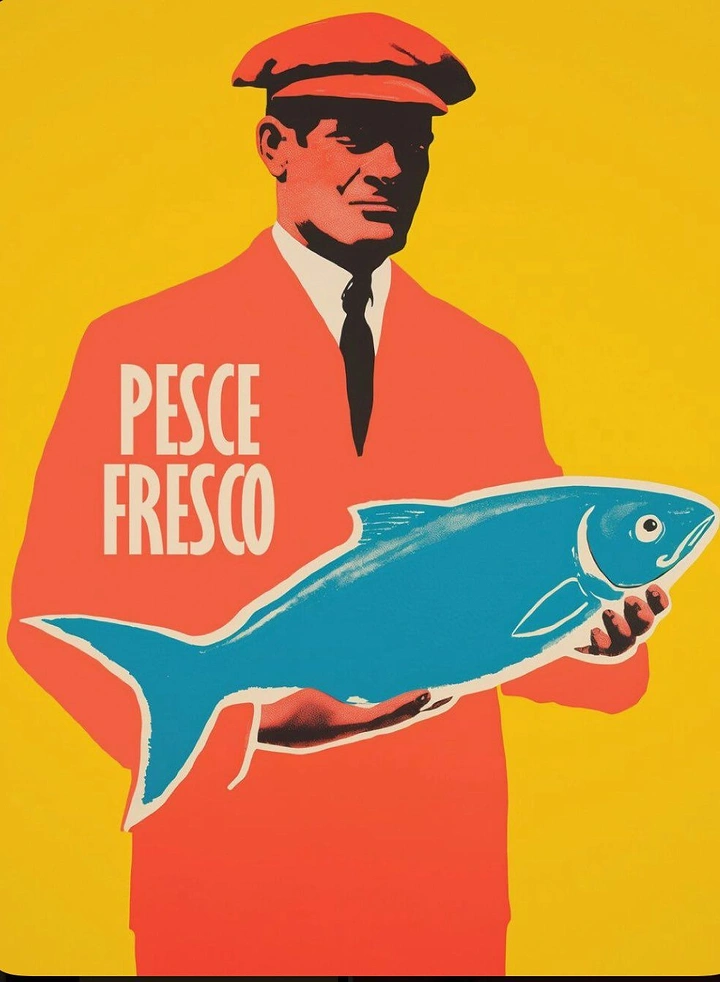 Seafood Restaurants creative ad: Vintage fisherman visually merges with fish