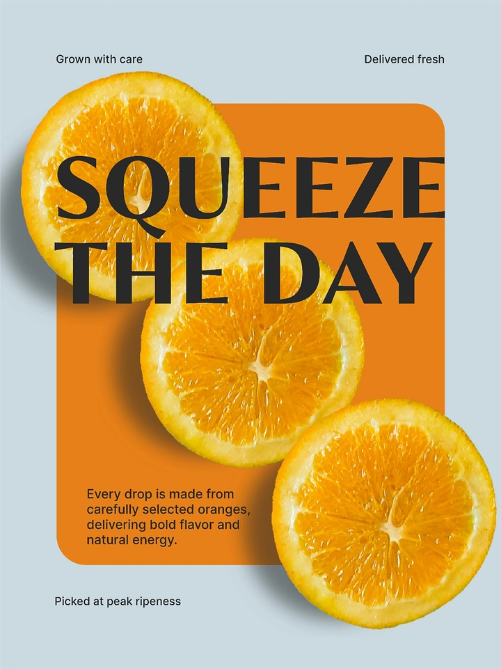 Organic & Farm Produce creative ad: Three cut orange slices cascading diagonally over an orange panel