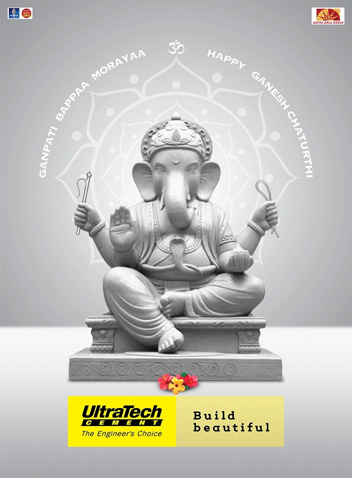Ganesh Chaturthi creative ad: Monochrome white-grey seated Ganesha idol