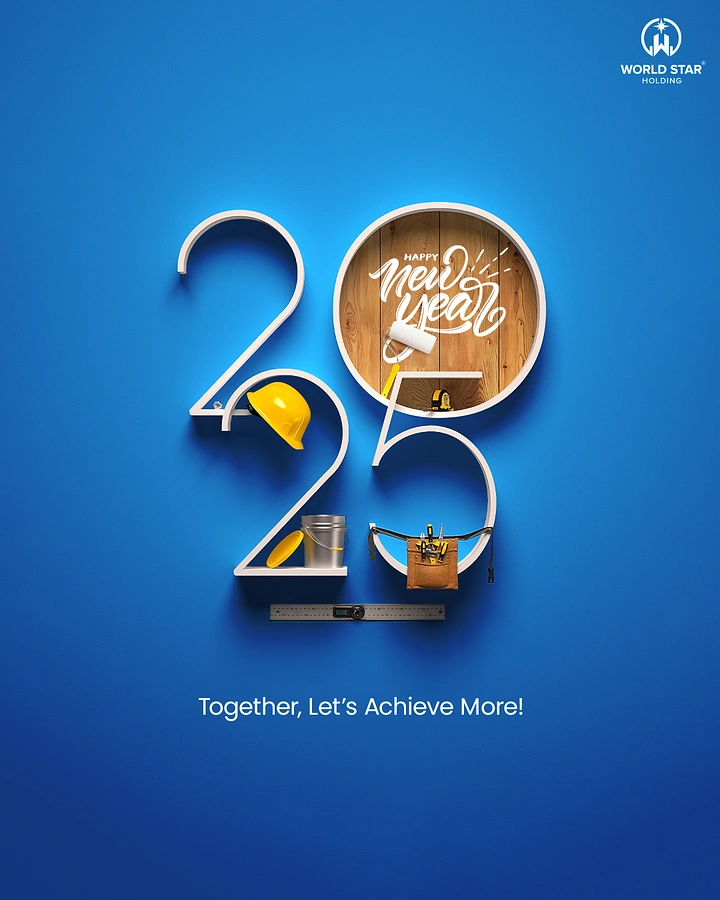 New Year creative ad: 3D white outline 2025 numerals used as shelves holding construction tools