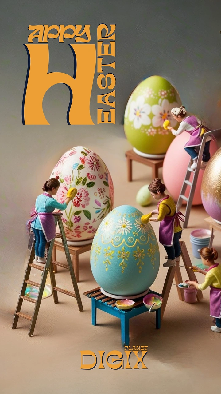 Easter creative ad: Miniature figurines painting giant decorated Easter eggs