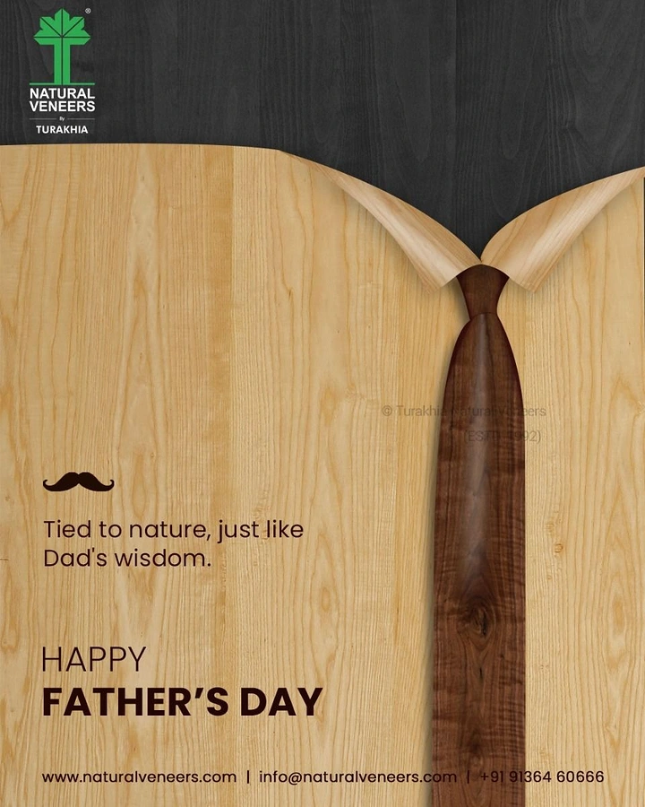 Father's Day creative ad: Light wood veneer shaped as a shirt collar with a dark walnut necktie
