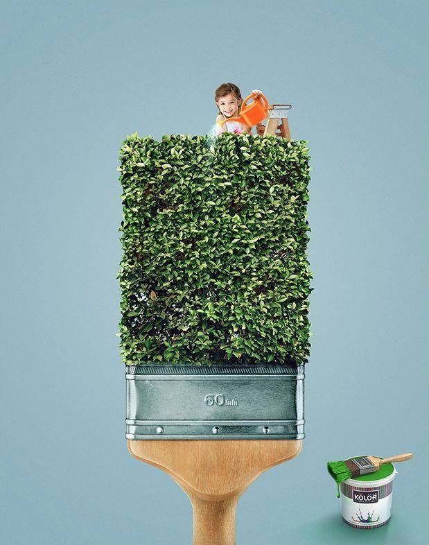 Poster: Giant paintbrush with trimmed green hedge as bristles, child watering it from a ladder