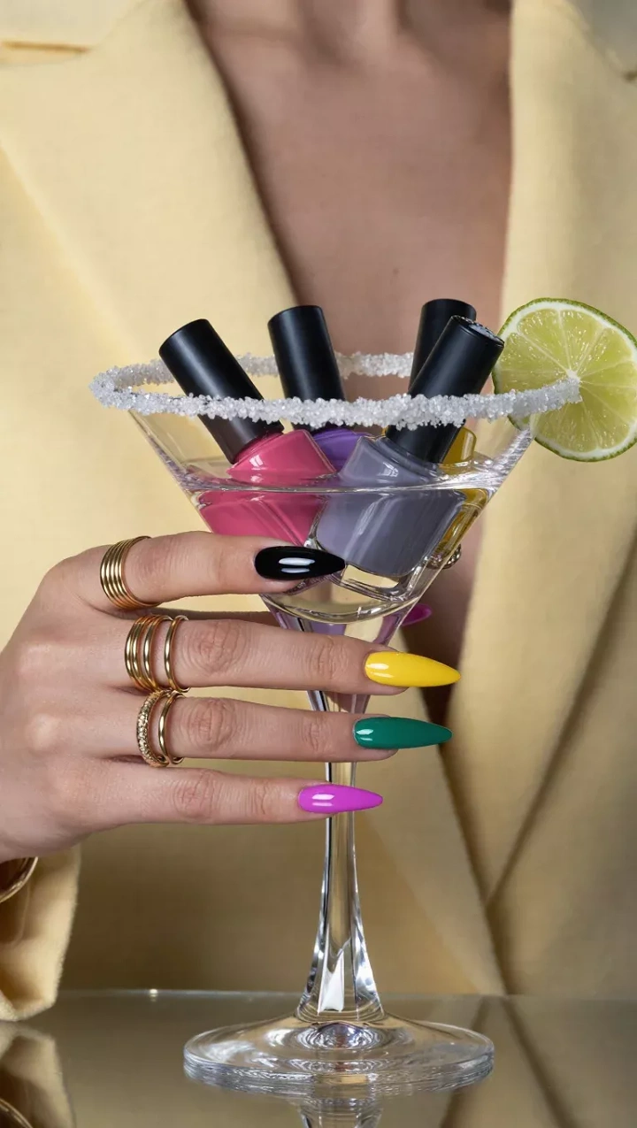 Nail Salons creative ad: Manicured hand holding martini glass filled with nail polish bottles