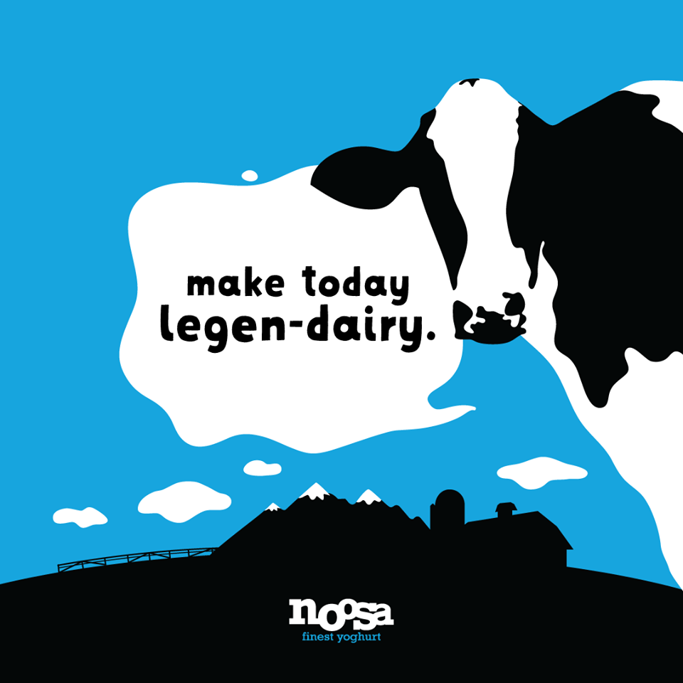 Instagram post: Cow spot as speech bubble, legen-dairy pun