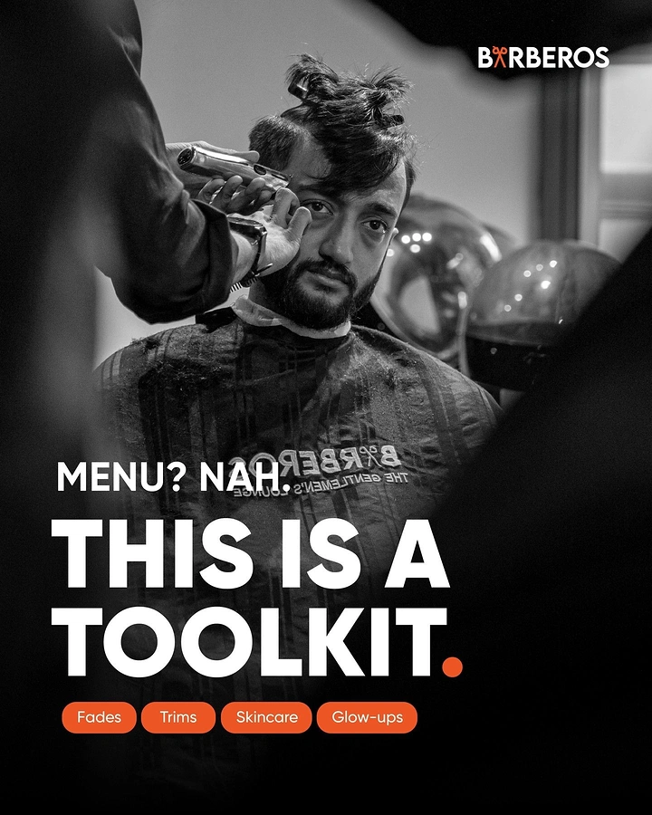 Barber Shops creative ad: Witty 'Menu? Nah, toolkit' headline