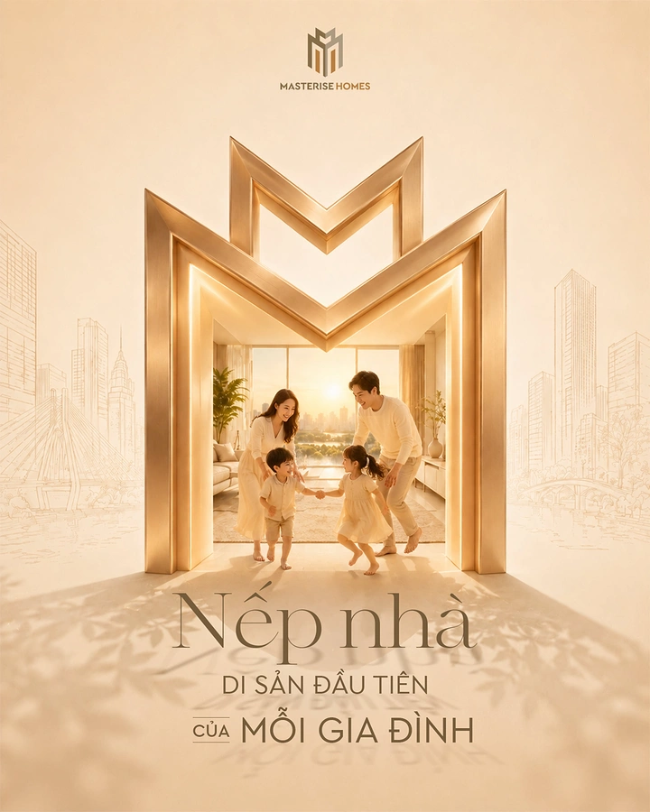 Real Estate creative ad: Family playing inside a golden monogram-shaped doorway
