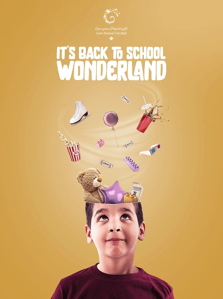 Toy Stores creative ad: Boy looking up as toys and treats swirl out of his open head