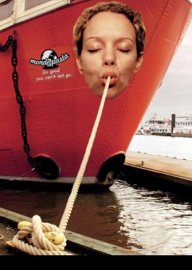 Instant Noodles & Pasta Brands creative ad: Surreal boat-sized noodle drinking scene