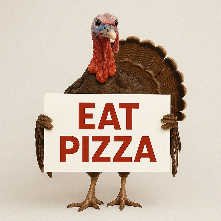 Thanksgiving creative ad: Turkey holding 'Eat Pizza' sign, witty twist