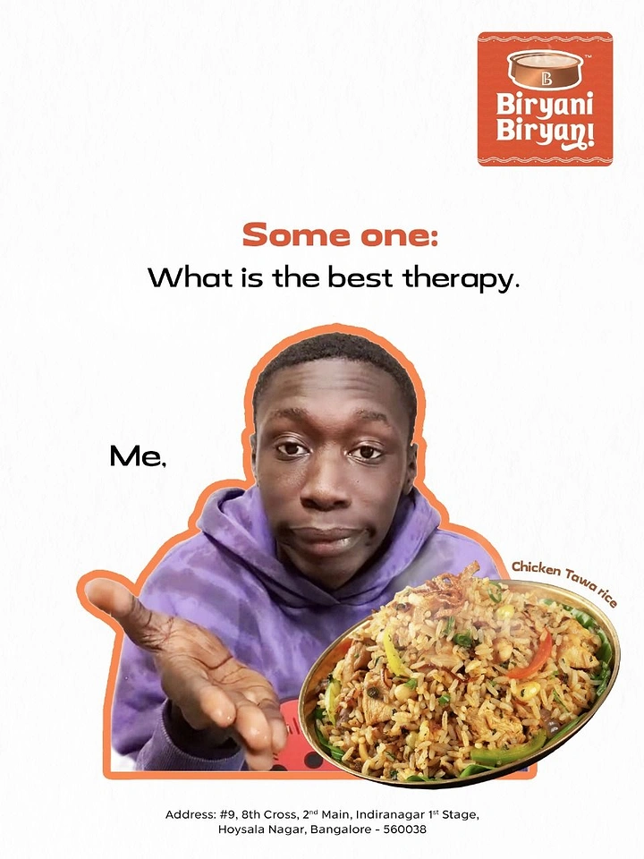 Cloud Kitchens & Food Trucks creative ad: Meme-style 'best therapy' biryani copy