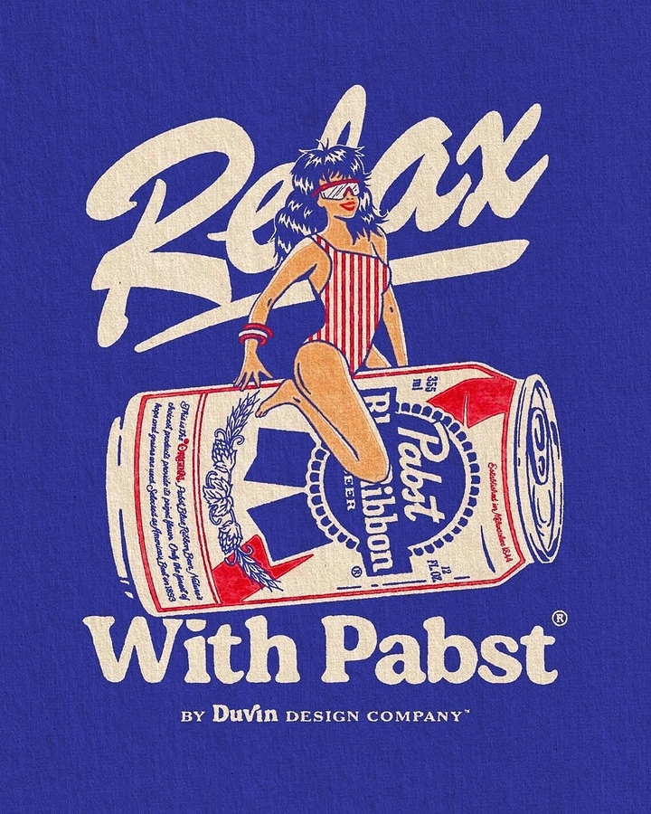 Creative ad: Retro pin-up woman sitting on a giant beer can