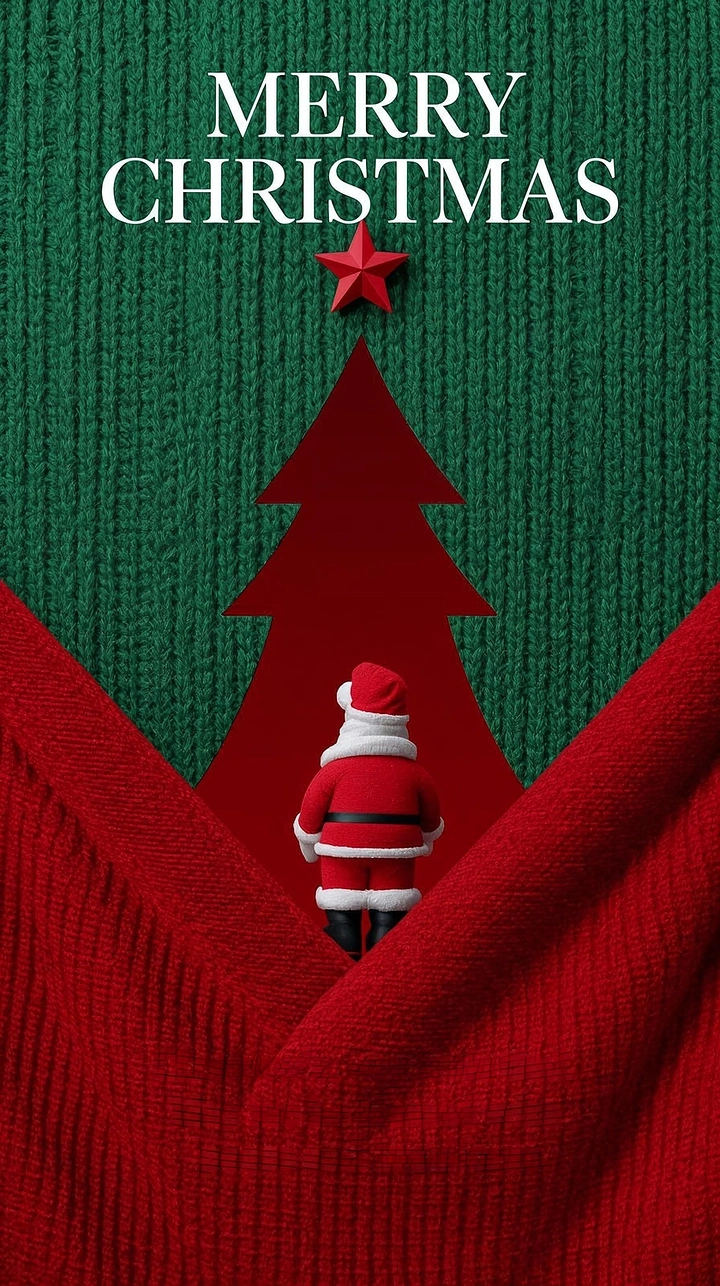 Christmas creative ad: Santa figurine inside a tree-shaped cutout in knit fabric