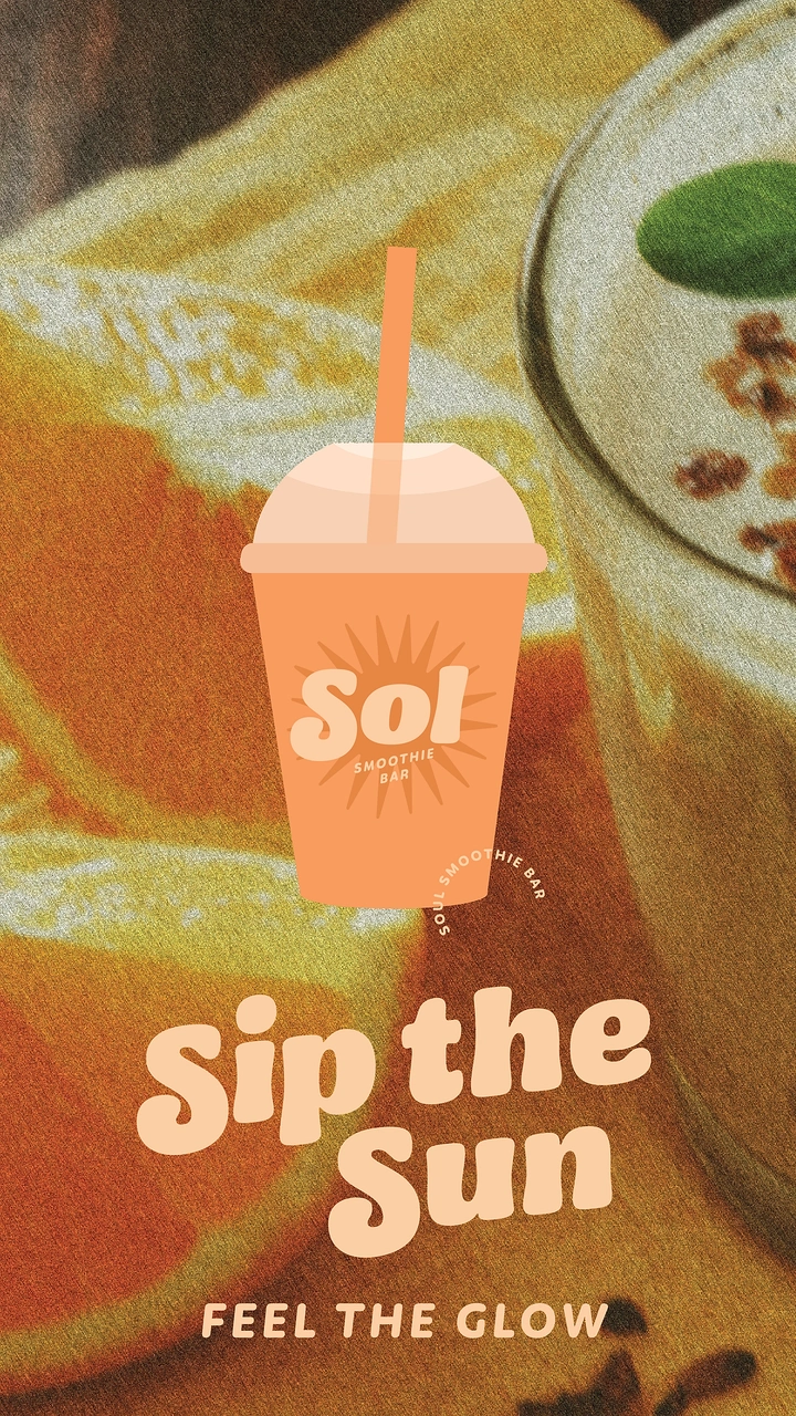Juice Bars & Smoothies creative ad: Flat orange smoothie cup over grainy citrus photo