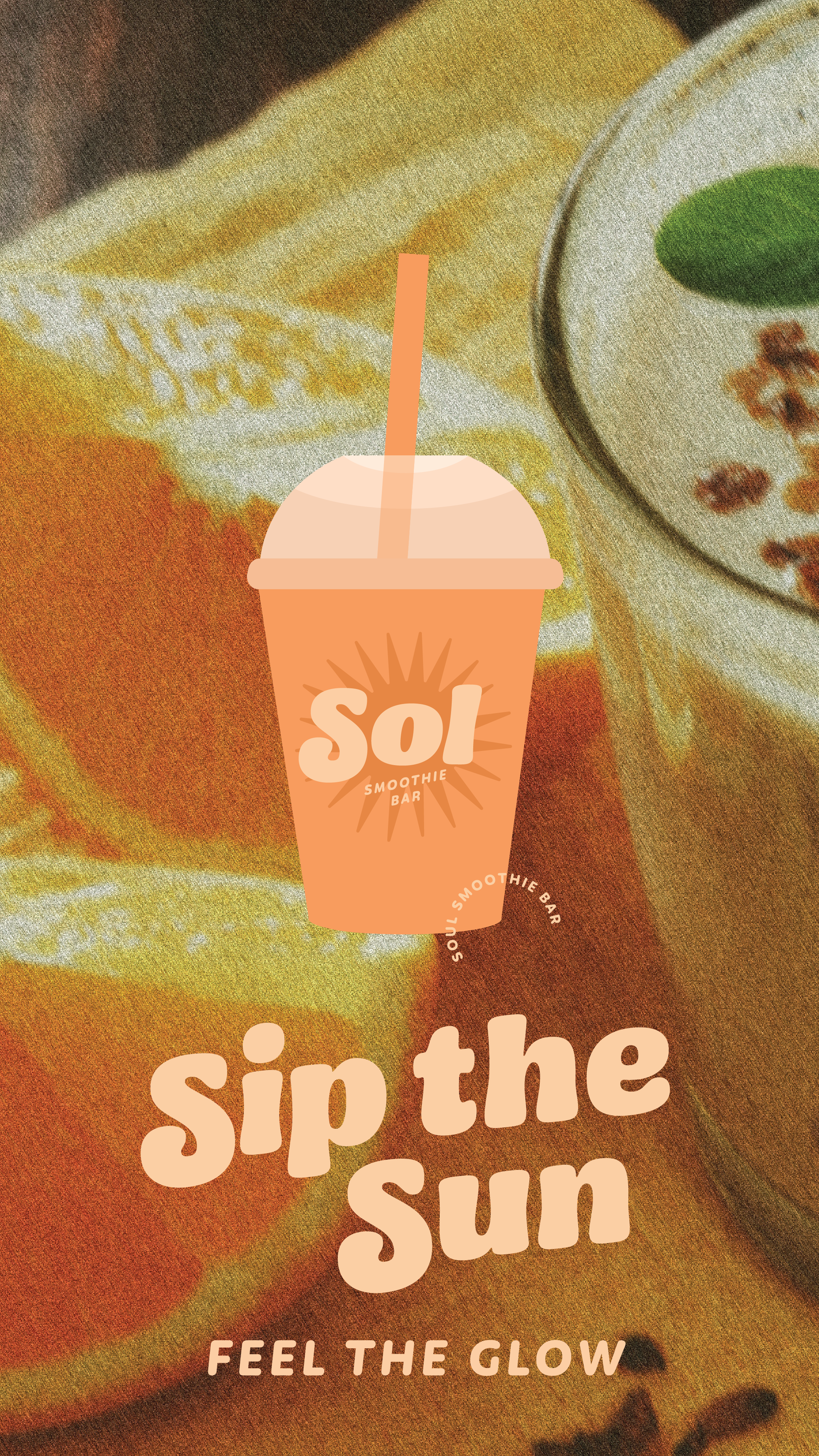 Story: Flat orange smoothie cup over grainy citrus photo