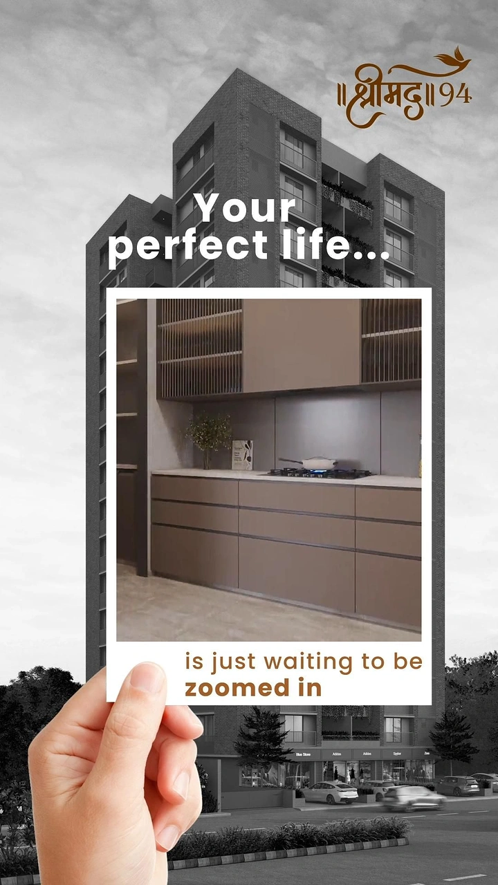 Modular Kitchens creative ad: Hand holding a colour photo frame of a kitchen over a monochrome tower