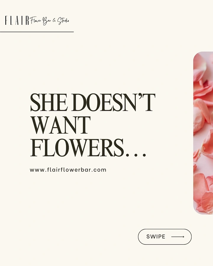 Florists creative ad: Teaser hook copy, petals peek into next slide