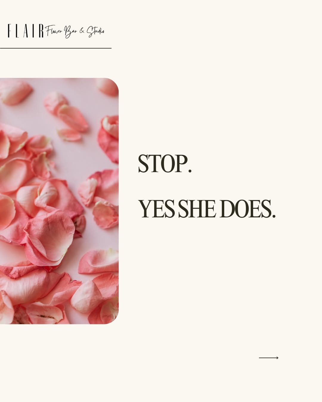 Teaser hook copy, petals peek into next slide