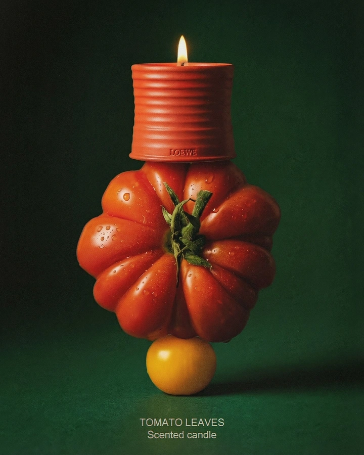 Perfume & Fragrance creative ad: A red candle vessel balanced on a sculptural heirloom tomato and yellow fruit
