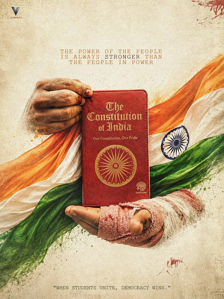 Republic Day creative ad: Worn, bandaged hands holding a red Constitution of India book over a flowing tricolour