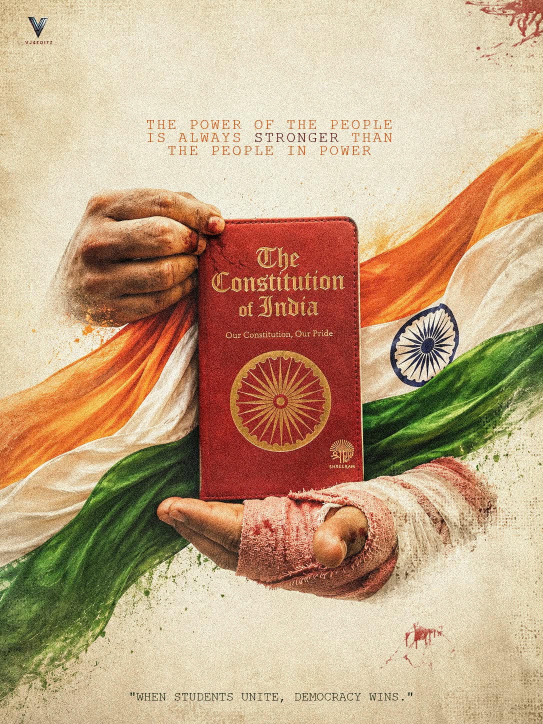 Republic Day Poster: Worn, bandaged hands holding a red Constitution of India book over a flowing tricolour