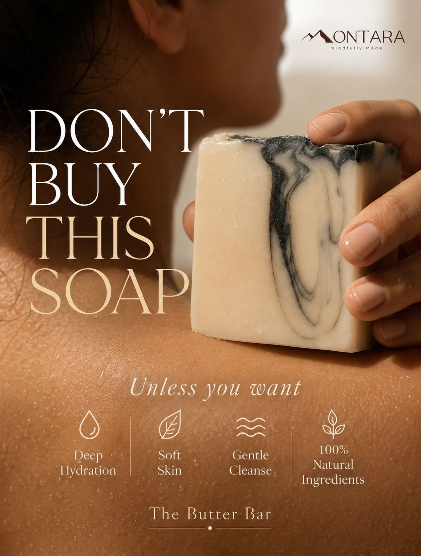 Instagram post: Hand pressing a marbled handmade soap bar against a wet bare shoulder