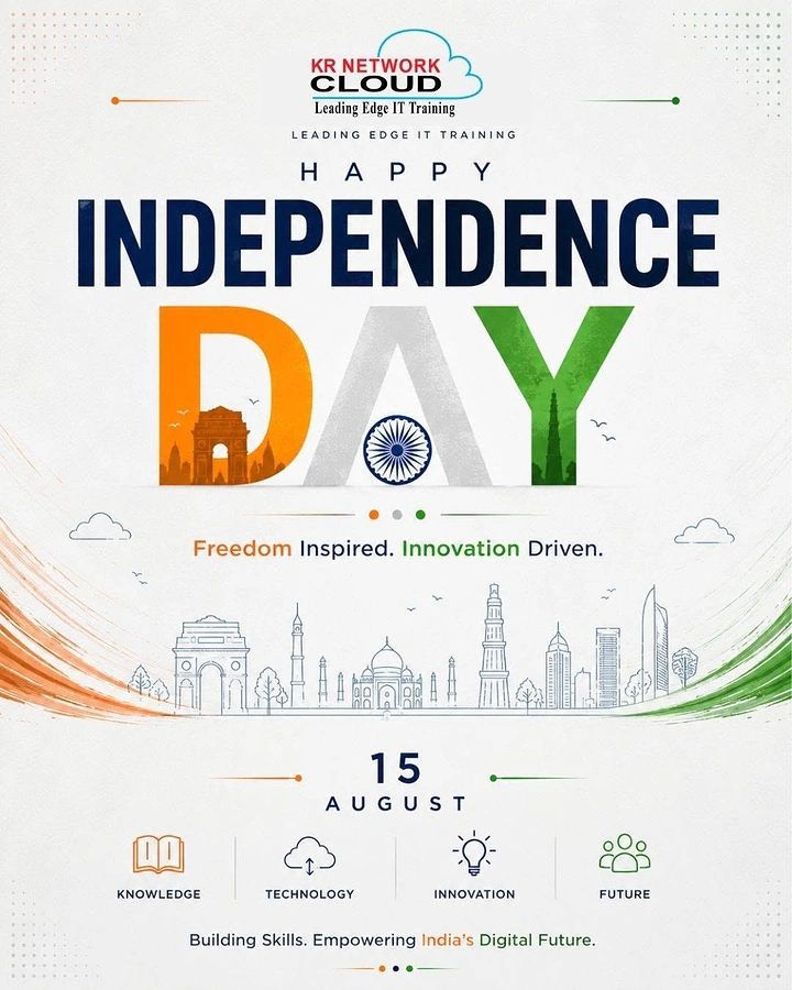 Independence Day creative ad: Tricolour 'DAY' lettering with monument silhouettes and Chakra