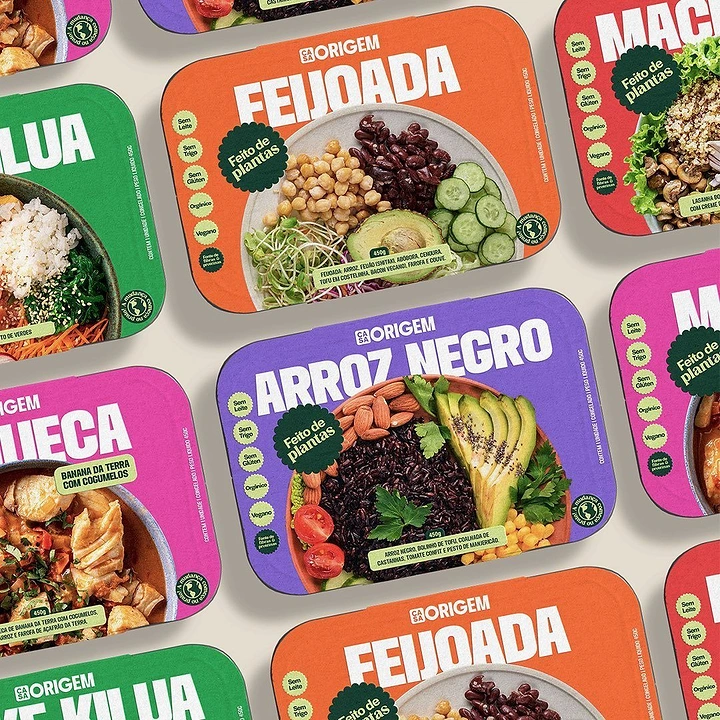 Frozen Foods & Ready-to-Cook creative ad: Diagonal grid of colourful plant-based frozen meal trays