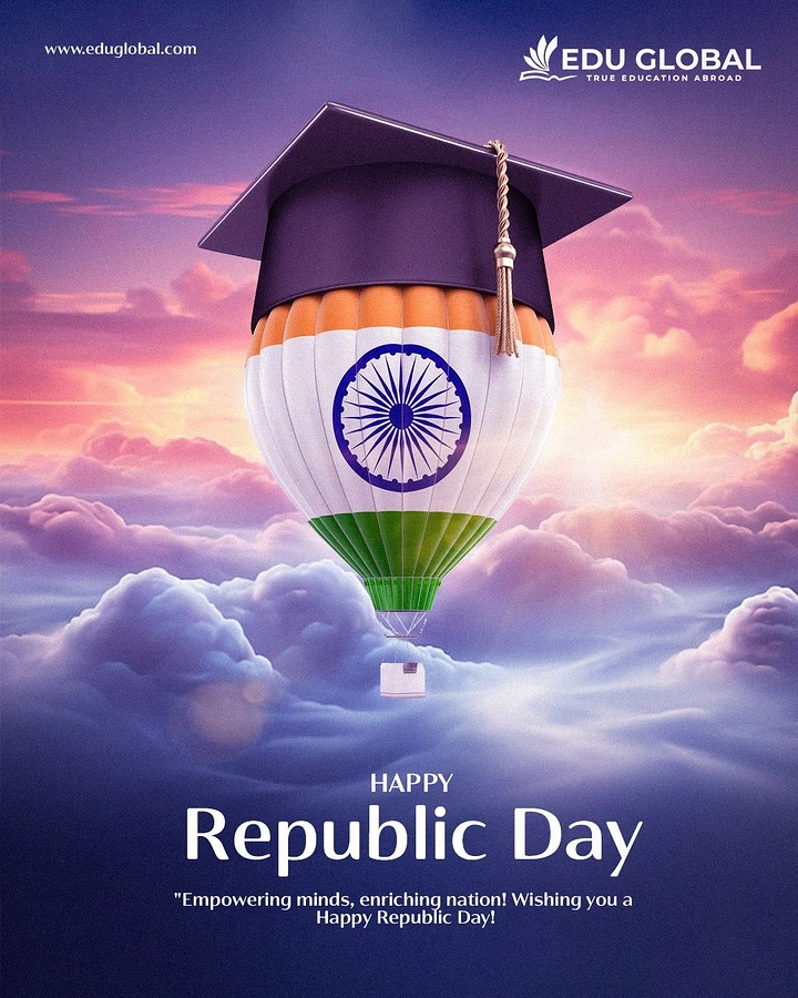 Republic Day creative ad: Tricolour hot air balloon wearing a graduation cap above clouds