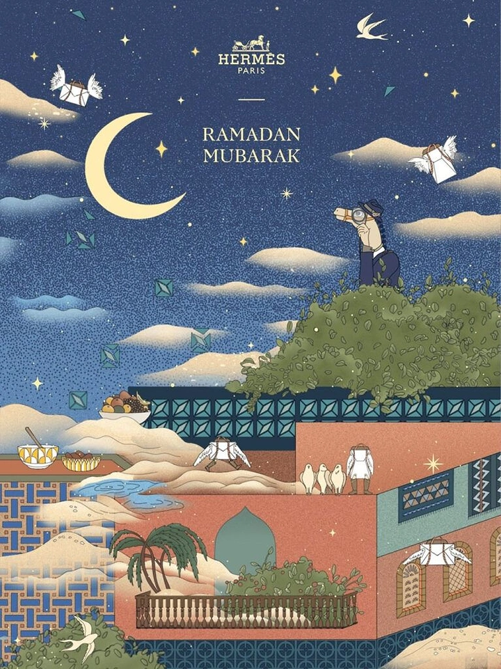 Ramadan creative ad: Night rooftop scene with winged gift boxes and a camel