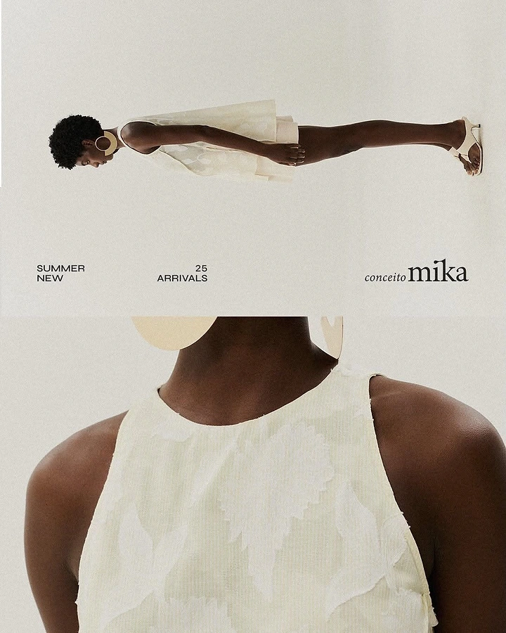 Creative ad: Model in textured ivory sleeveless dress, full-length and cropped close-up