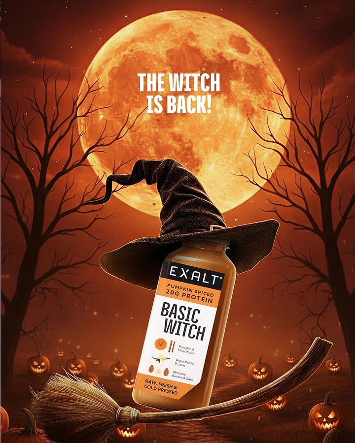 Halloween creative ad: Protein shake bottle wearing a witch hat on a broom