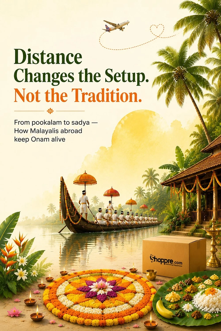 Onam creative ad: Kerala backwater scene with snake boat, pookalam, sadya and parcel