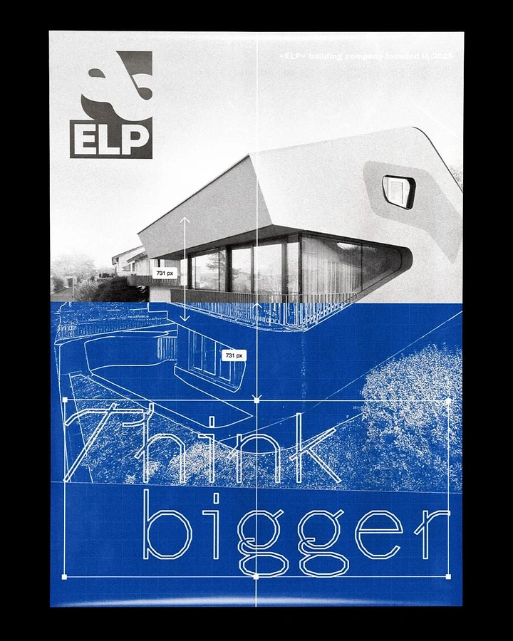 Construction creative ad: Monochrome modernist house split into a blue blueprint half