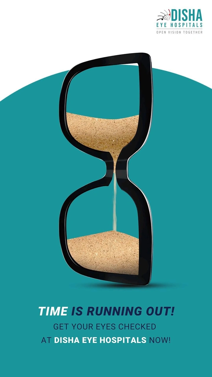 Opticians & Eye Care creative ad: Black eyeglass frame reshaped into an hourglass with falling sand