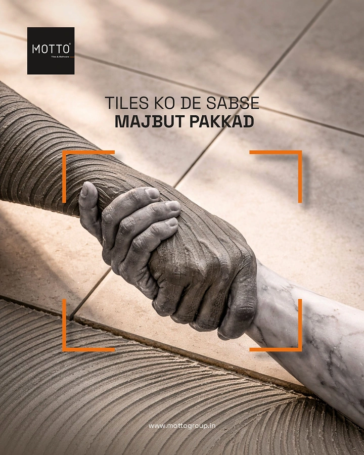 Cement, Steel & Building Materials creative ad: Tile-adhesive textured hand gripping a marble arm over floor tiles