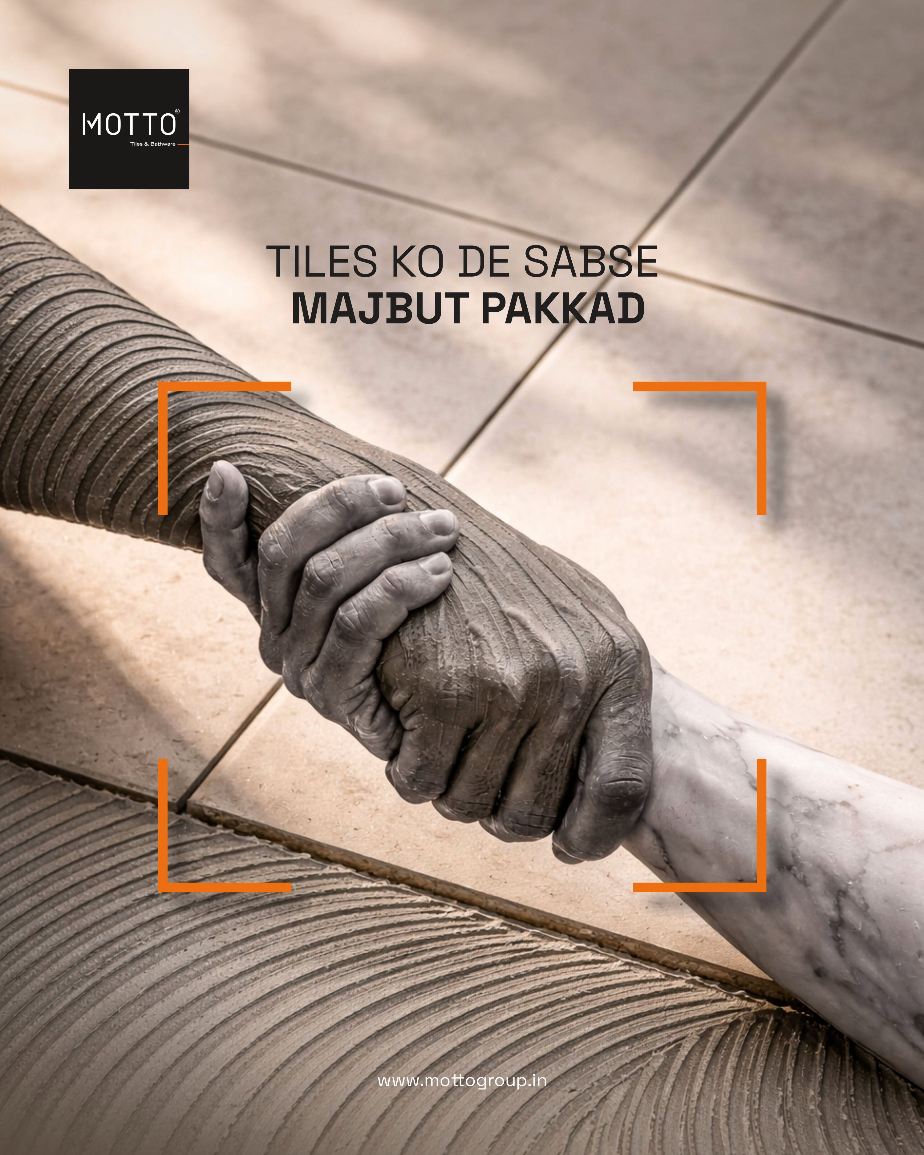 Instagram post: Tile-adhesive textured hand gripping a marble arm over floor tiles