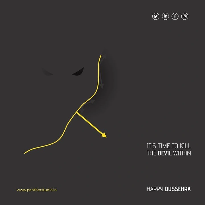 Dussehra creative ad: Yellow line bow and arrow against a shadowy devil face