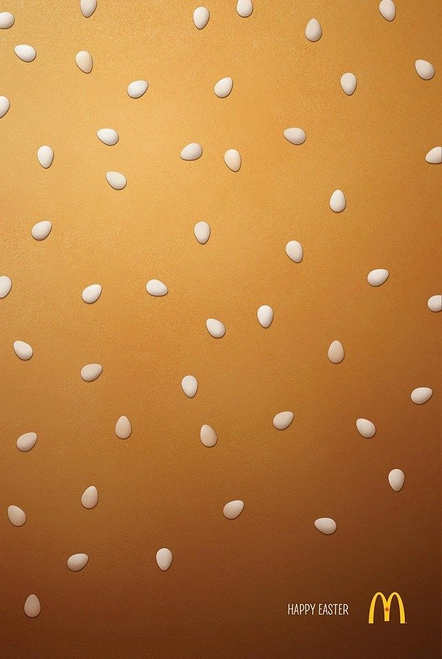 Easter creative ad: Close-up of a burger bun top where the sesame seeds are tiny eggs