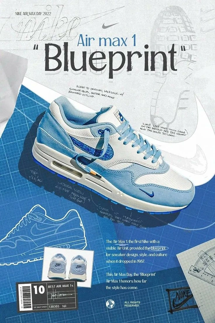 Creative ad: Light-blue sneaker on blueprint paper with sketch annotations