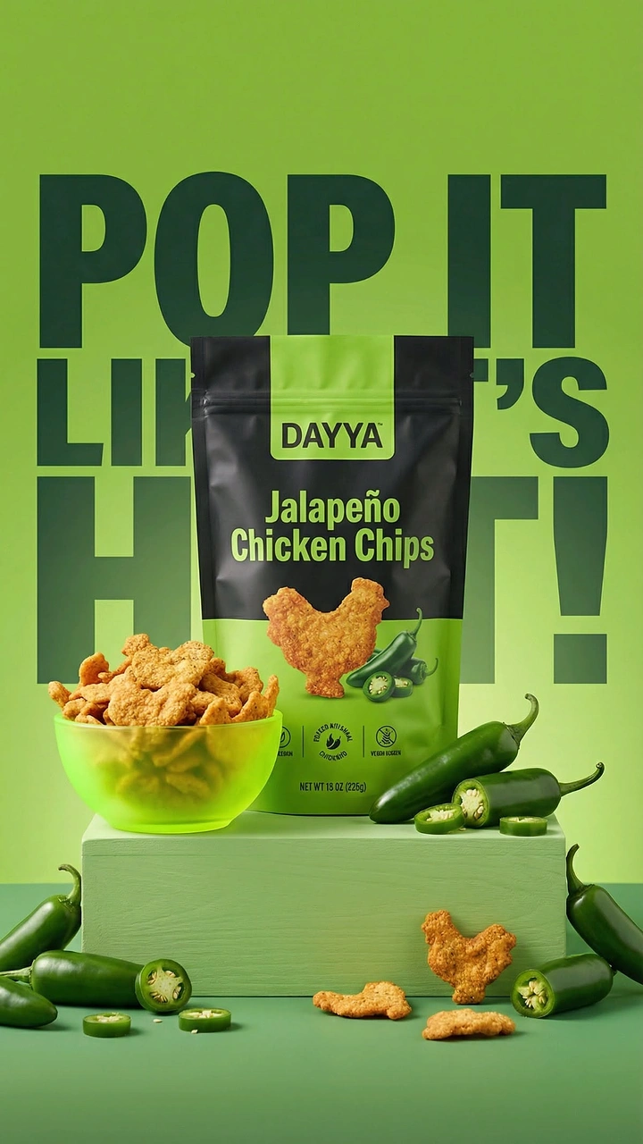 Creative ad: Jalapeño chicken chips pouch on a green plinth with a bowl and peppers