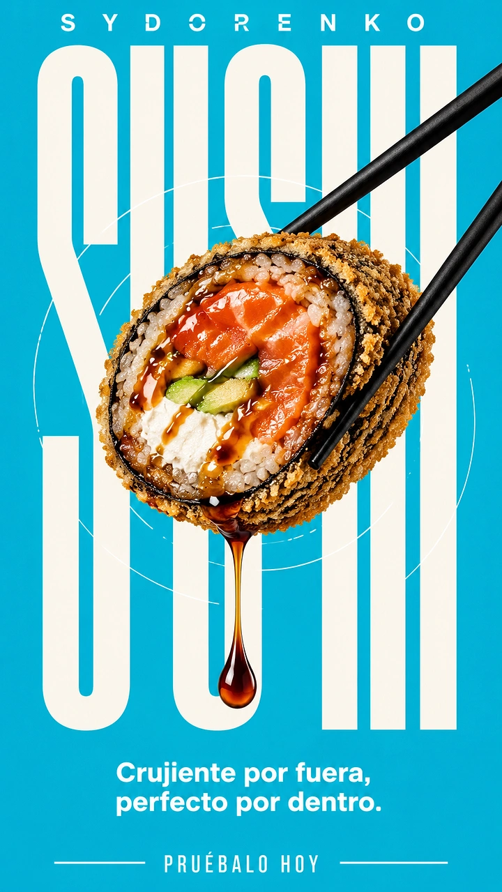 Sushi & Japanese Restaurants creative ad: Sushi roll integrated with giant typography