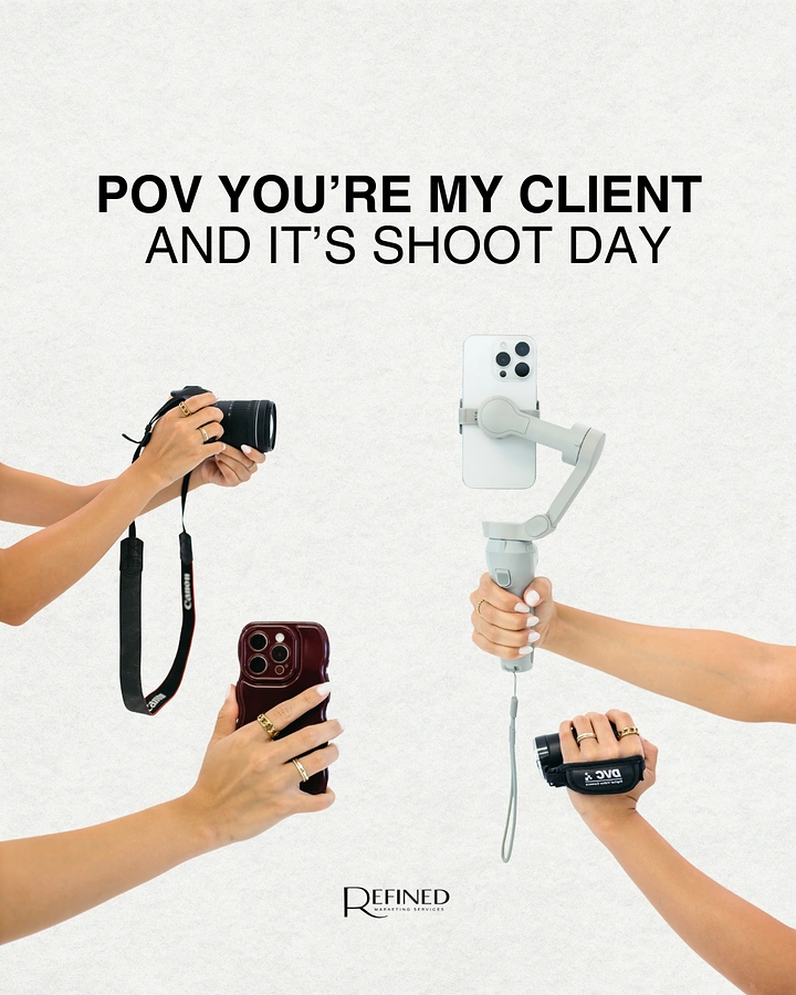 Photography creative ad: POV client shoot day, hands with cameras
