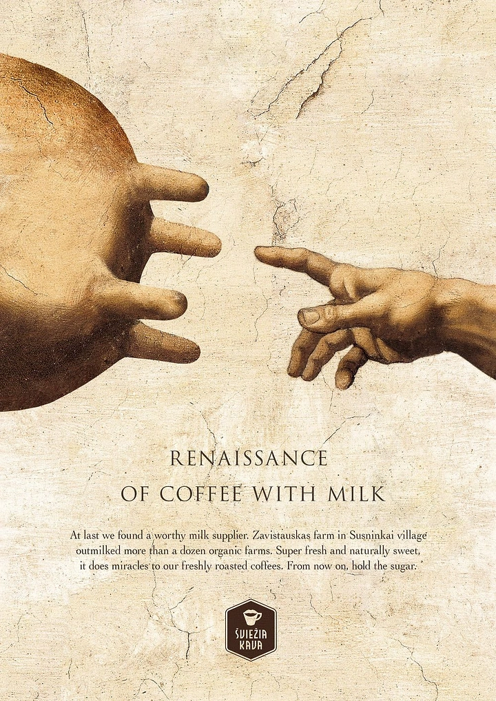 Soft Drinks & Beverages creative ad: Fresco-style parody of reaching hands, with a cow udder as one hand