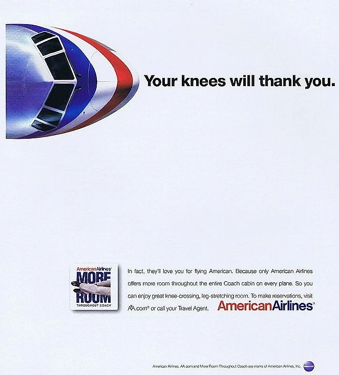 Airlines creative ad: Witty knees-benefit visual advertising concept