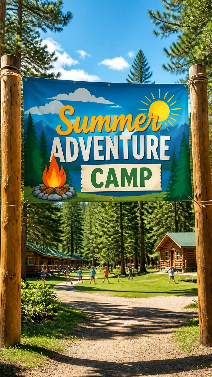 Summer Camps & Kids Activities creative ad: Camp entrance sign becomes scenic gateway